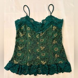 Vintage Y2K Wet Seal Emerald Green Lace Corset Camisole with Gold Accents Size S